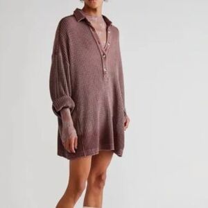 Free People Wilder Polo Shirt Dress Womens M L Waffle Knit Oversized Tunic Top